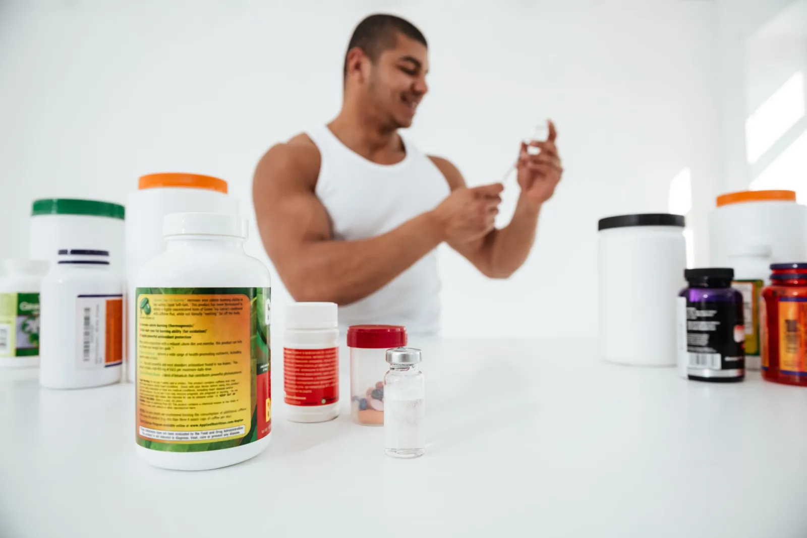 Supplement bottles on a counter
